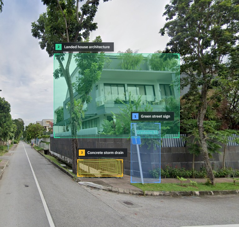 Street View analysis on Cranborne Rd: green street sign, landed house architecture, and concrete storm drain highlighted by AI clue boxes